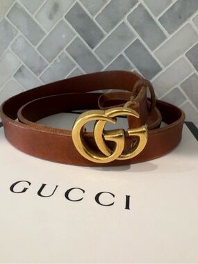 Gucci Thin Brown Leather Double G Belt with Gold Buckle